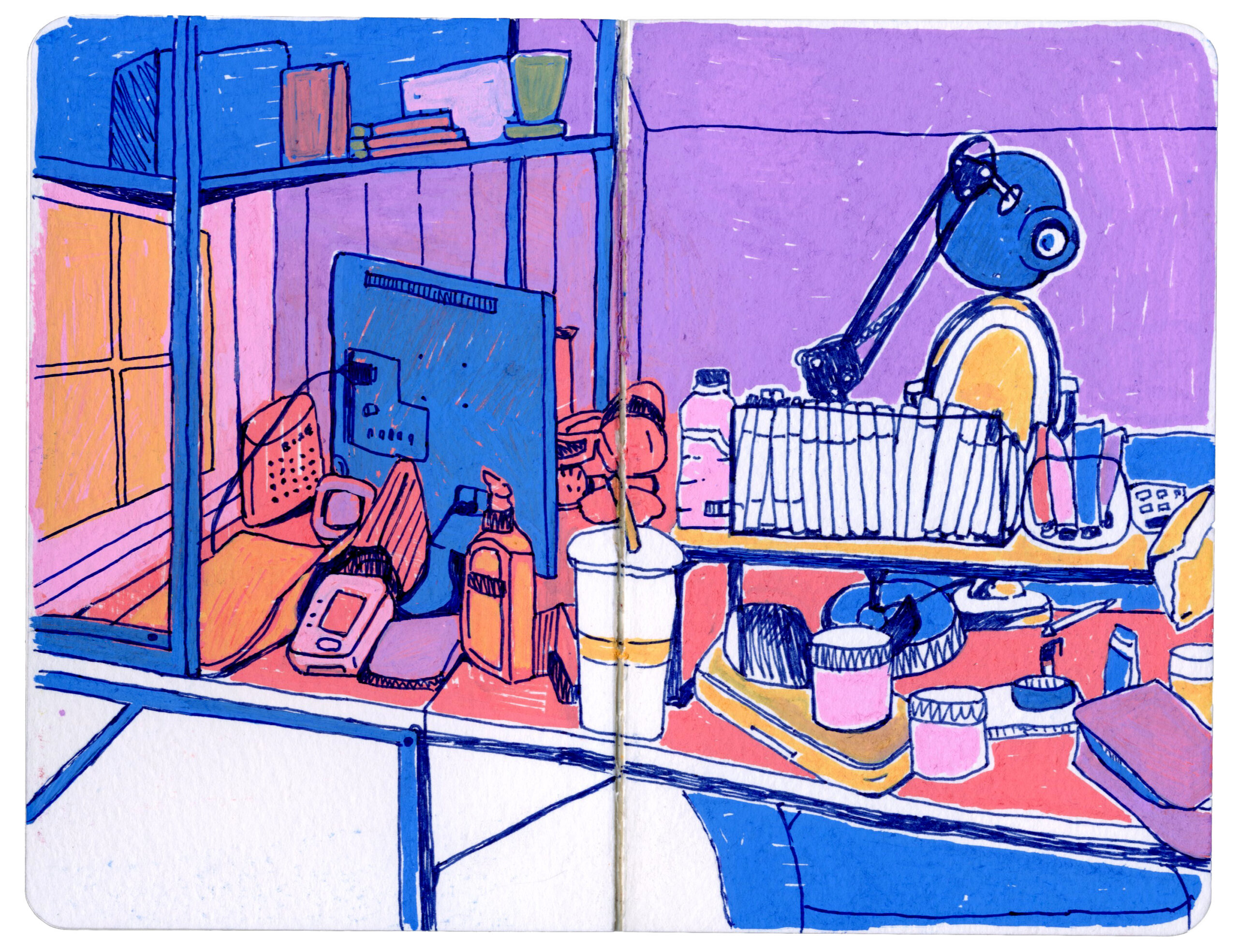 Illustration of a cluttered desk and shelves with various items, including a lamp, monitor, phone, books, bottles, and a cup. The artwork uses vibrant colors like purple, orange, and blue to create a lively scene reminiscent of the bustling admissions office.